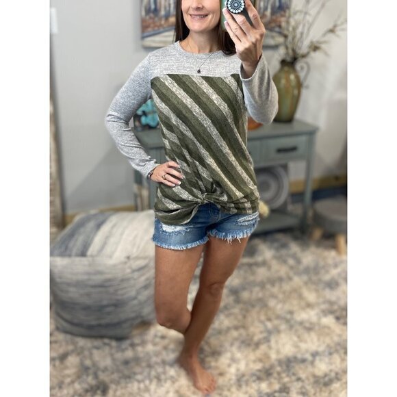 Striped Color Block Contrast Knot Top Green 0519 - Picture 4 of 5